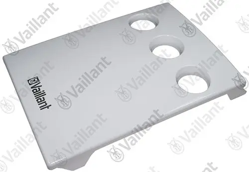 Weiße Blende mit drei runden Ausschnitten, gekennzeichnet mit dem Logo der Marke Vaillant. Geeignet für die Abdeckung von technischen Geräten oder Installationen.